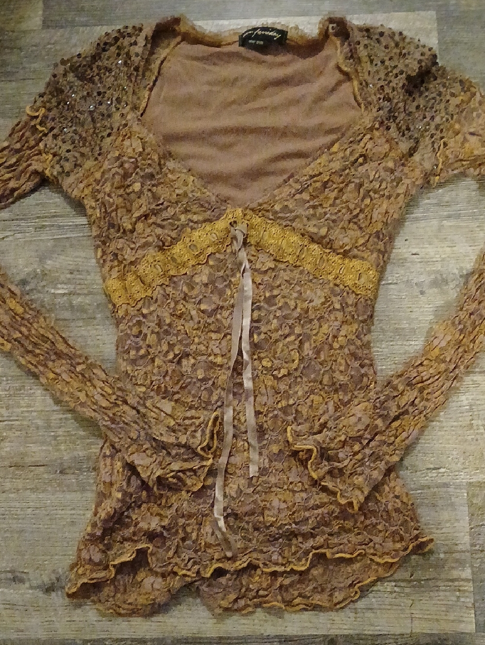 Ann Ferriday Brown Knit Lace Long Sleeve Top with Gold Trim, SEQUINS. OS (S)